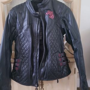 Womans Harley leather coat and necklace